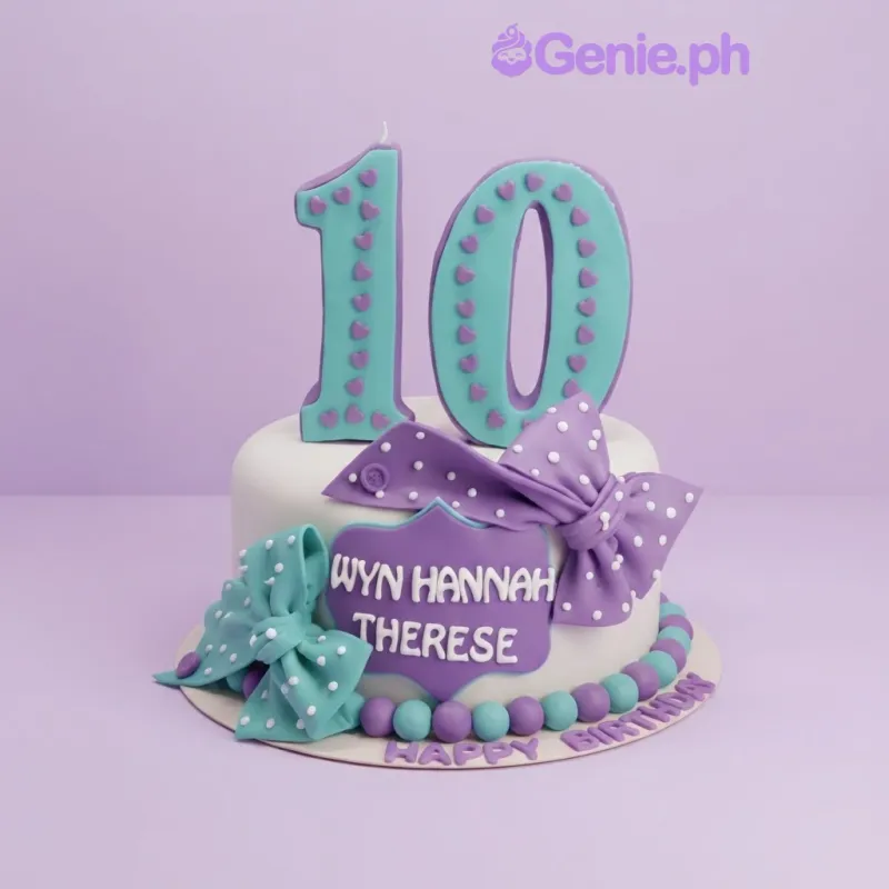 A white 1 Tier Fondant cake themed around a Number 10 Birthday, featuring large teal and purple number 10 toppers and teal and purple bows. A white 1 Tier Fondant cake themed around a Number 10 Birthday, featuring large teal and purple number 10 toppers and teal and purple bows.