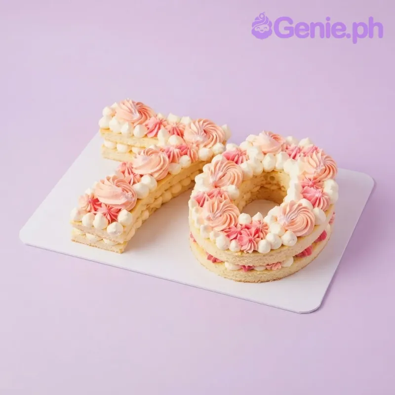 Peach and white rectangle number cake with smooth soft icing, piped peach rosettes, and pink rosettes Peach and white rectangle number cake with smooth soft icing, piped peach rosettes, and pink rosettes