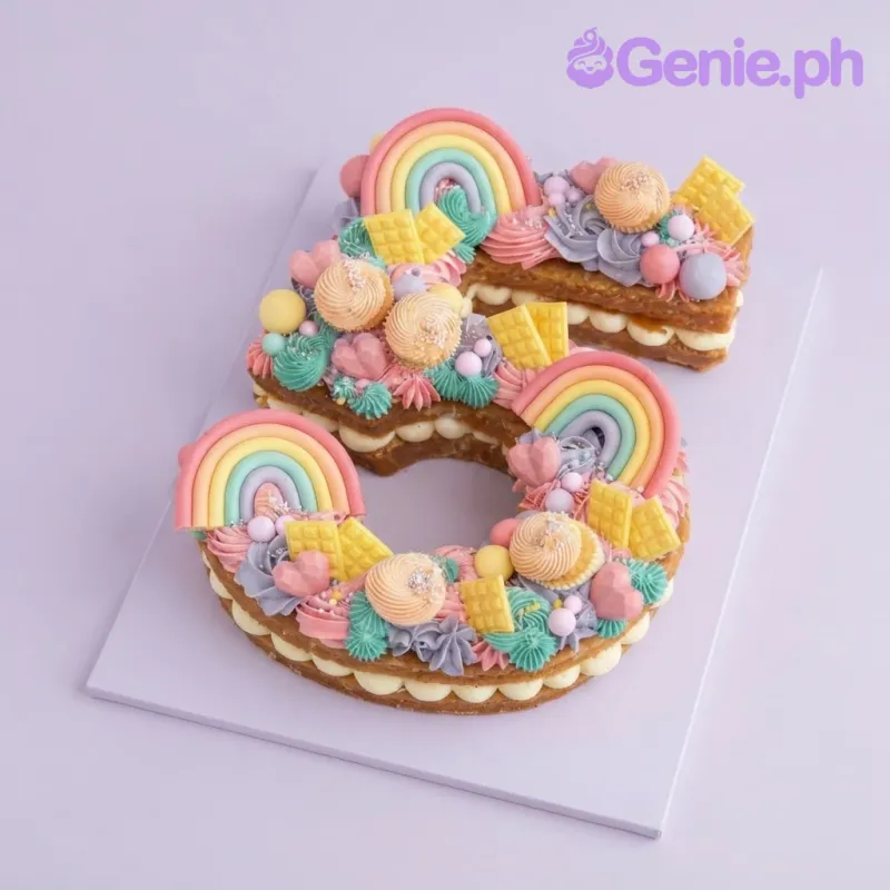 White number 5 shaped cake decorated with pastel rainbows, meringues, spheres, and chocolate blocks White number 5 shaped cake decorated with pastel rainbows, meringues, spheres, and chocolate blocks
