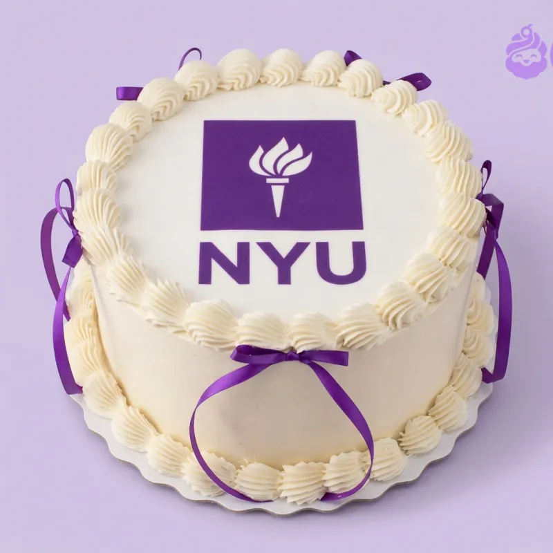 White 1-tier cake with soft icing, a purple NYU logo printout on top, and purple satin ribbon accents White 1-tier cake with soft icing, a purple NYU logo printout on top, and purple satin ribbon accents