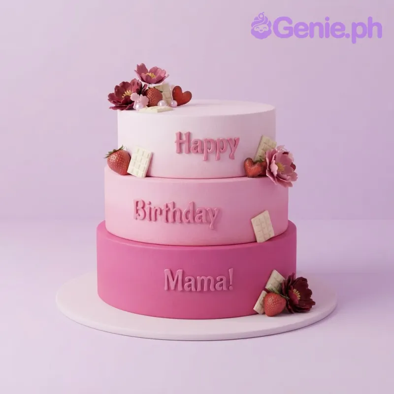 A 3-tier ombre pink cake with soft icing, brown gumpaste lettering, and floral and chocolate accents A 3-tier ombre pink cake with soft icing, brown gumpaste lettering, and floral and chocolate accents