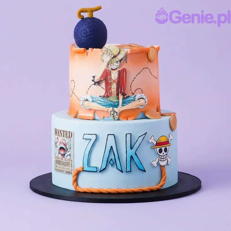 2-tier One Piece anime cake with Luffy printout, Devil Fruit topper, and Wanted poster 2-tier One Piece anime cake with Luffy printout, Devil Fruit topper, and Wanted poster