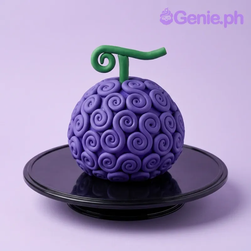 A purple 1 Tier Fondant cake themed around One Piece Devil Fruit, featuring a green curly stem and intricate swirl patterns. A purple 1 Tier Fondant cake themed around One Piece Devil Fruit, featuring a green curly stem and intricate swirl patterns.