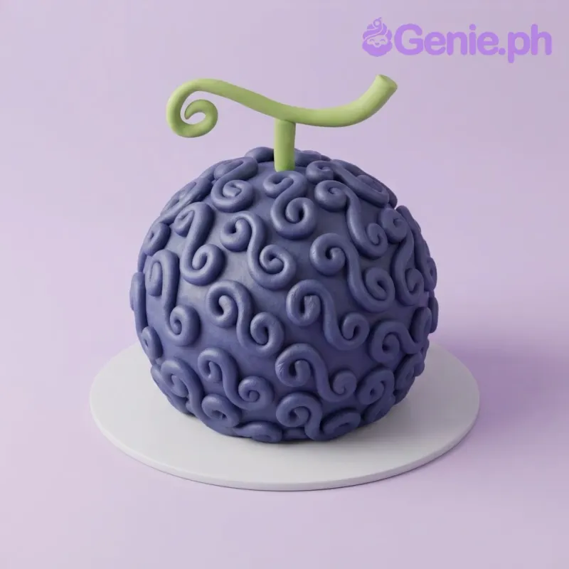 Purple round fondant cake styled like a devil fruit with a green molded stem and curly tendrils Purple round fondant cake styled like a devil fruit with a green molded stem and curly tendrils