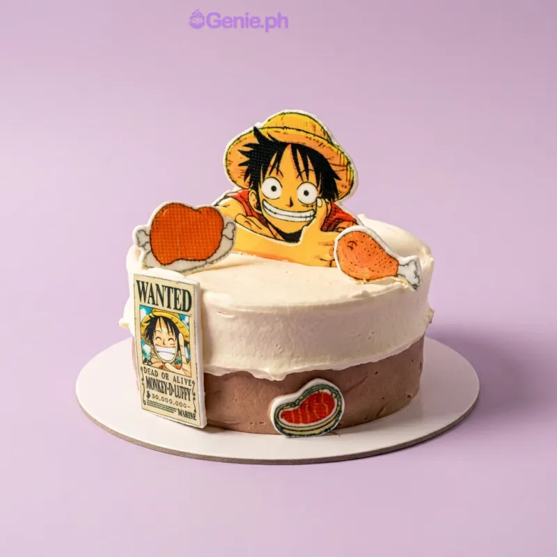 A white and brown 1-tier cake themed around One Piece Luffy, featuring Monkey D. Luffy, meat, and wanted poster printouts. A white and brown 1-tier cake themed around One Piece Luffy, featuring Monkey D. Luffy, meat, and wanted poster printouts.