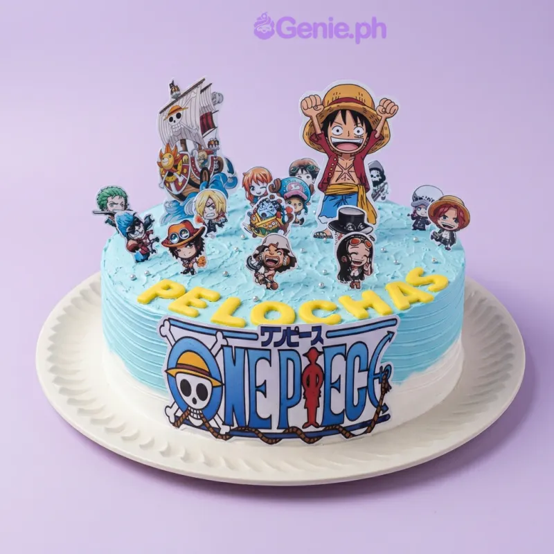 Light blue 1-tier cake with One Piece anime character printouts and yellow fondant name topper Light blue 1-tier cake with One Piece anime character printouts and yellow fondant name topper