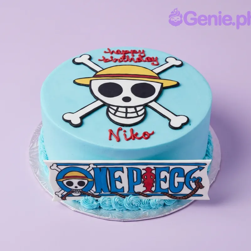 Light blue round birthday cake with One Piece anime logo and Straw Hat skull topper Light blue round birthday cake with One Piece anime logo and Straw Hat skull topper