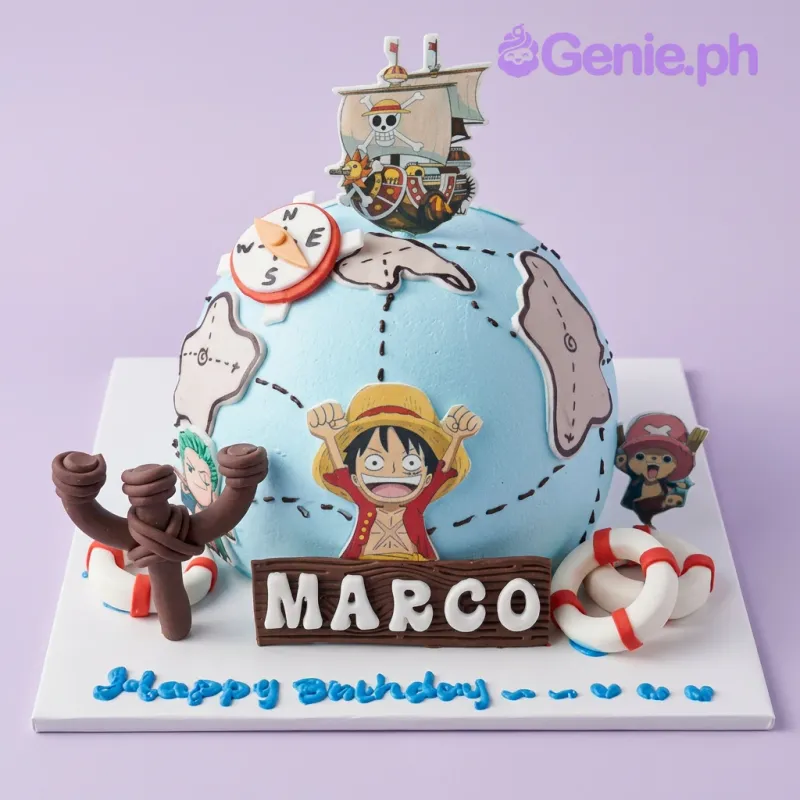 Light blue globe-shaped One Piece birthday cake with Luffy, Chopper, and Zoro character printouts Light blue globe-shaped One Piece birthday cake with Luffy, Chopper, and Zoro character printouts