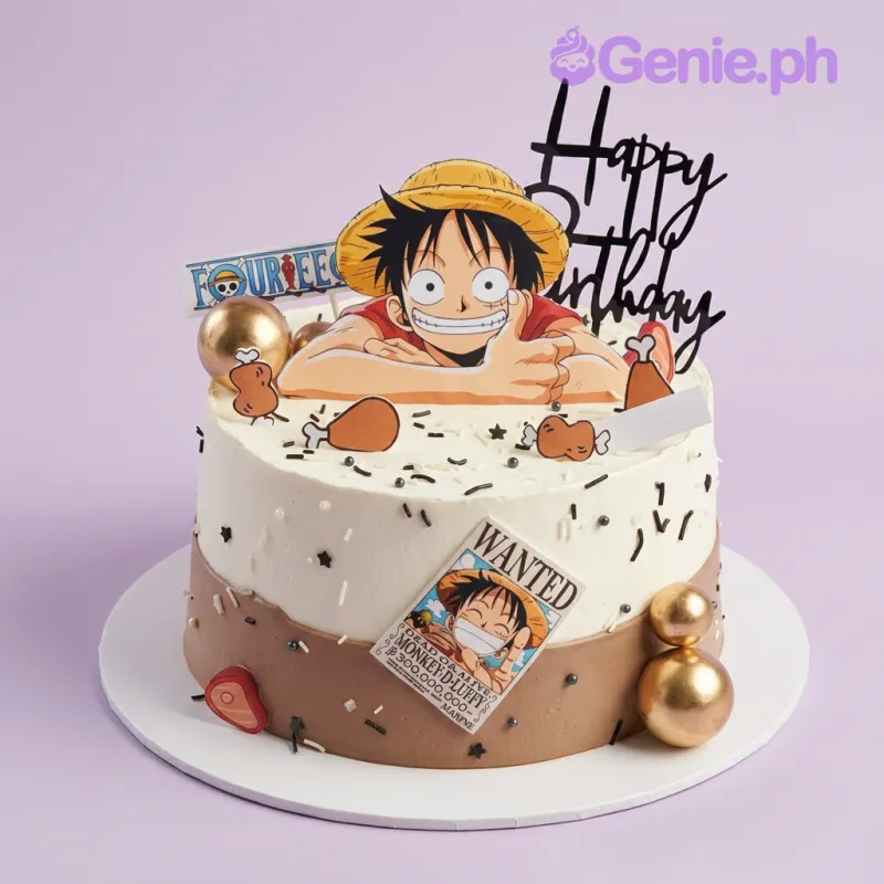 One Piece cake design — 1 layer soft icing cake in white and brown — with Luffy character cutout, Happy Birthday topper, Wanted poster printout, Fourteen sign printout, and custom "Happy Birthday" message One Piece cake design — 1 layer soft icing cake in white and brown — with Luffy character cutout, Happy Birthday topper, Wanted poster printout, Fourteen sign printout, and custom "Happy Birthday" message