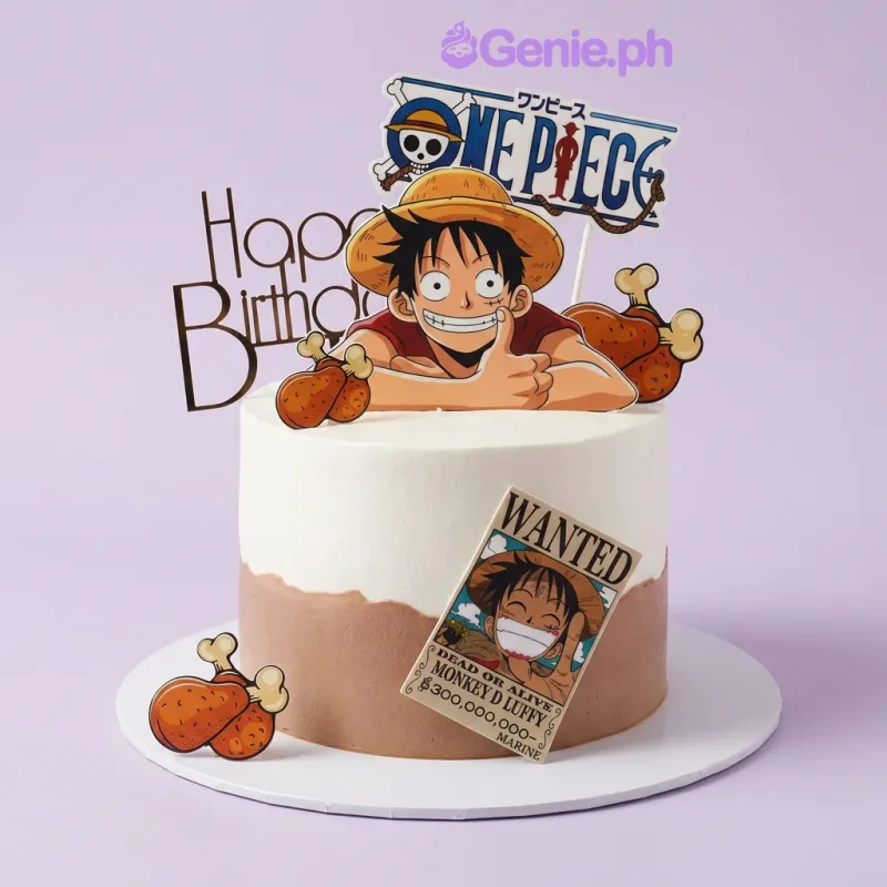 One Piece anime themed 1-tier birthday cake with Luffy character and Wanted poster printout toppers One Piece anime themed 1-tier birthday cake with Luffy character and Wanted poster printout toppers