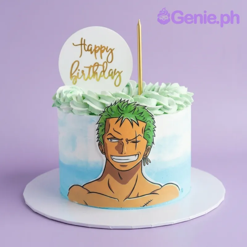 A light blue and white 1 Tier cake themed around One Piece Zoro, featuring a Roronoa Zoro cutout and green rosettes. A light blue and white 1 Tier cake themed around One Piece Zoro, featuring a Roronoa Zoro cutout and green rosettes.