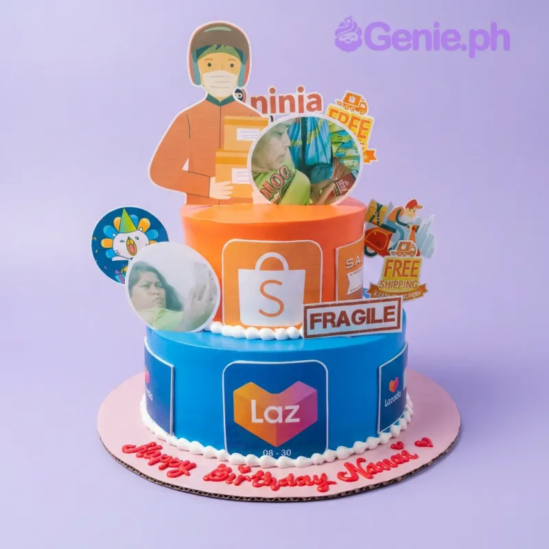 A orange and blue two-tier cake themed around Online Shopping, featuring Shopee, Lazada, and a delivery rider. A orange and blue two-tier cake themed around Online Shopping, featuring Shopee, Lazada, and a delivery rider.
