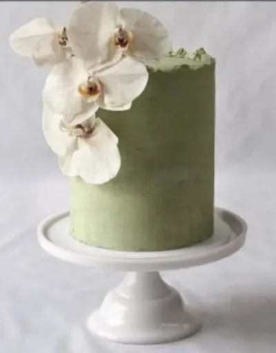 Light green 1-tier cake with smooth soft icing and white orchid flowers Light green 1-tier cake with smooth soft icing and white orchid flowers