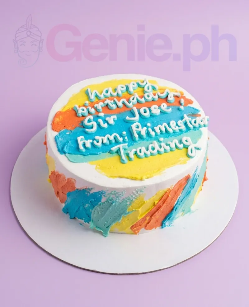 A white, yellow, orange, and teal 1 Tier cake, themed Palette Knife Minimalist, featuring colorful icing strokes and a personalized birthday message. A white, yellow, orange, and teal 1 Tier cake, themed Palette Knife Minimalist, featuring colorful icing strokes and a personalized birthday message.
