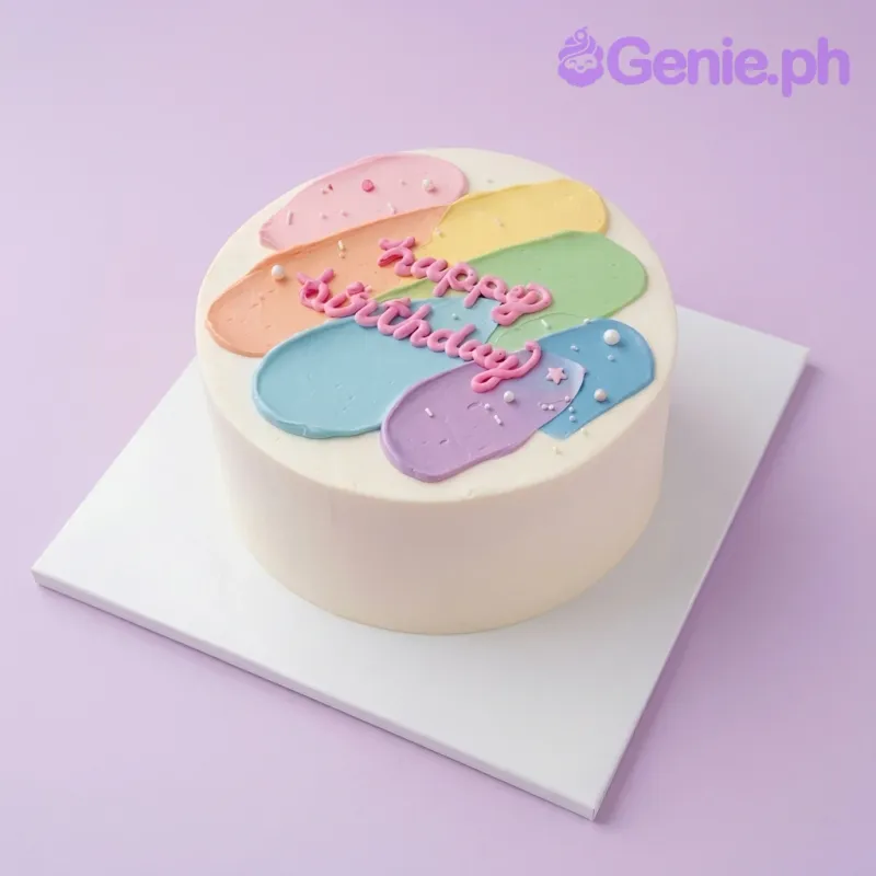 A white 1-tier Palette Knife Minimalist cake, with colorful icing strokes, a pink 'happy birthday' message, and white sprinkles. A white 1-tier Palette Knife Minimalist cake, with colorful icing strokes, a pink 'happy birthday' message, and white sprinkles.