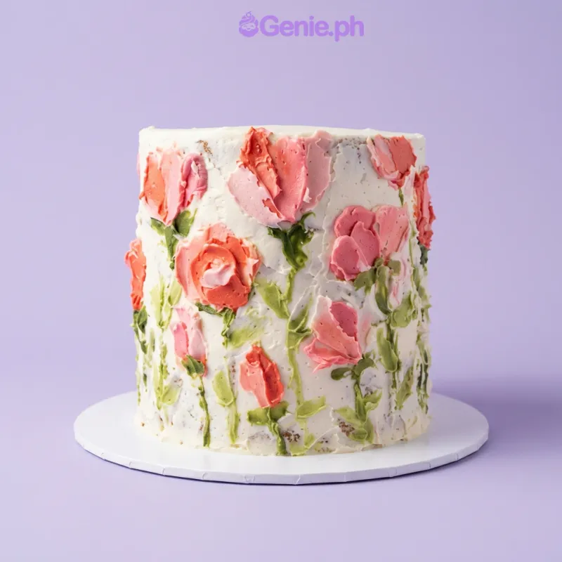 White single-tier cake with colorful palette knife floral icing design White single-tier cake with colorful palette knife floral icing design