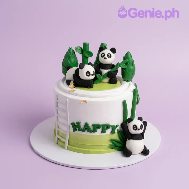 White 1-tier fondant cake with panda figurines and bamboo decorations for a birthday White 1-tier fondant cake with panda figurines and bamboo decorations for a birthday