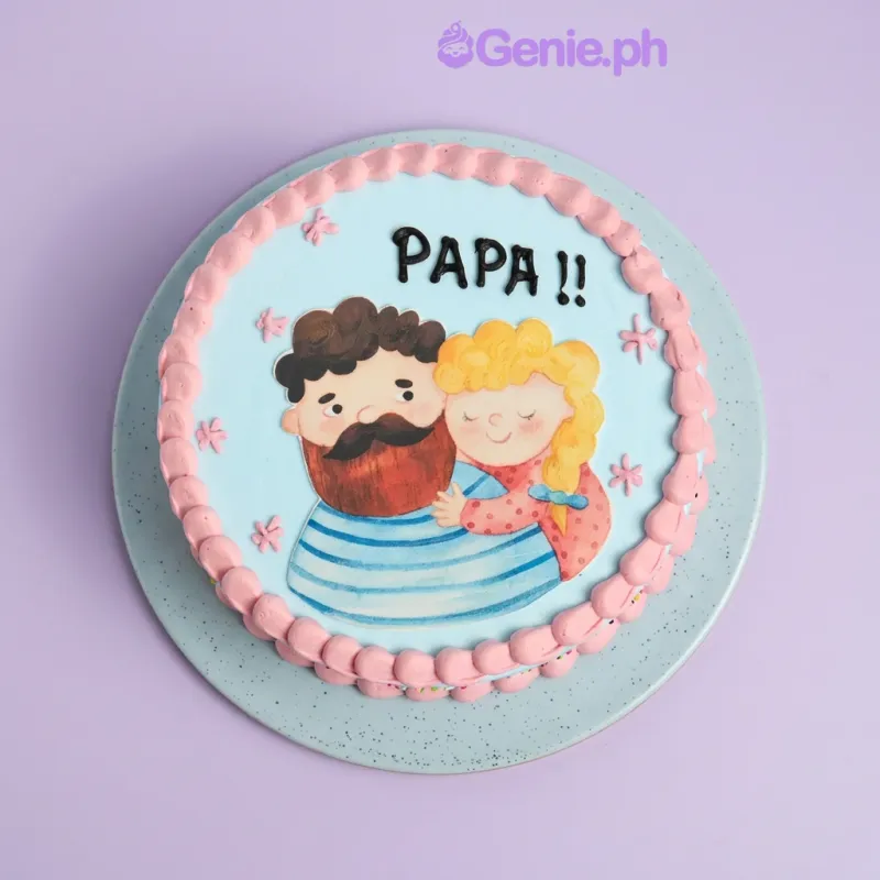 Light blue 1-tier cake with a printed father and daughter illustration and pink piped border Light blue 1-tier cake with a printed father and daughter illustration and pink piped border