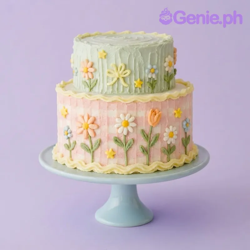 Pink and green 2-tier soft icing cake with plaid side pattern, piped yellow borders, and fondant flowers Pink and green 2-tier soft icing cake with plaid side pattern, piped yellow borders, and fondant flowers