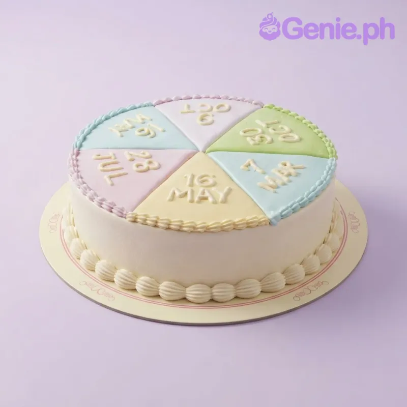 Multi-colored pastel 1-tier cake divided into iced slices with piped text and shell borders Multi-colored pastel 1-tier cake divided into iced slices with piped text and shell borders