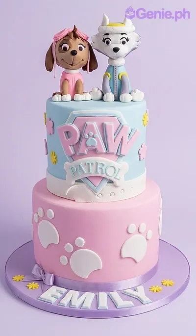 Paw Patrol 2 Tier Fondant - white, yellow, pink theme with Skye character and Paw Patrol logo shield Paw Patrol 2 Tier Fondant - white, yellow, pink theme with Skye character and Paw Patrol logo shield