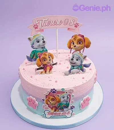 Paw Patrol girl 1 Tier - blue, pink, light theme with Therese @ S banner and small paw print cutouts Paw Patrol girl 1 Tier - blue, pink, light theme with Therese @ S banner and small paw print cutouts