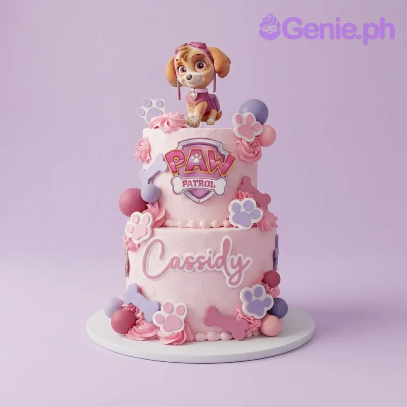 Pink 2-tier soft icing birthday cake with Skye figurine, Paw Patrol shield, and printed paw and bone cutouts Pink 2-tier soft icing birthday cake with Skye figurine, Paw Patrol shield, and printed paw and bone cutouts
