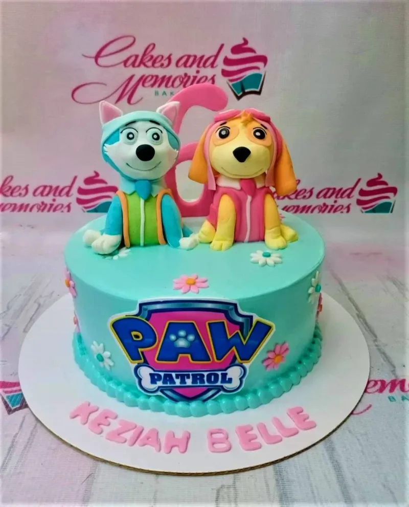A light blue and pink 1 Tier cake themed around Paw Patrol, featuring Everest and Skye figures, a pink number 6, and decorative daisies. A light blue and pink 1 Tier cake themed around Paw Patrol, featuring Everest and Skye figures, a pink number 6, and decorative daisies.
