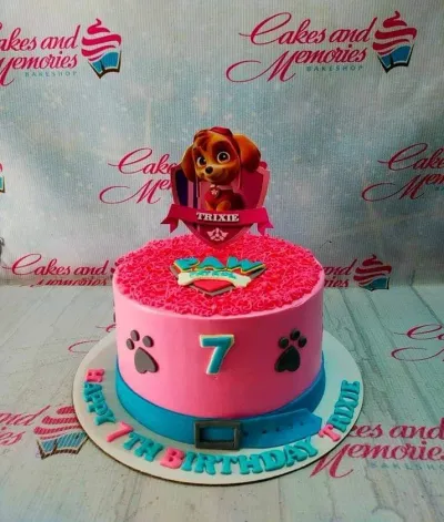 A pink and blue 1-tier Paw Patrol Skye cake, featuring a Skye printout, Paw Patrol logo, and pink rosettes. A pink and blue 1-tier Paw Patrol Skye cake, featuring a Skye printout, Paw Patrol logo, and pink rosettes.