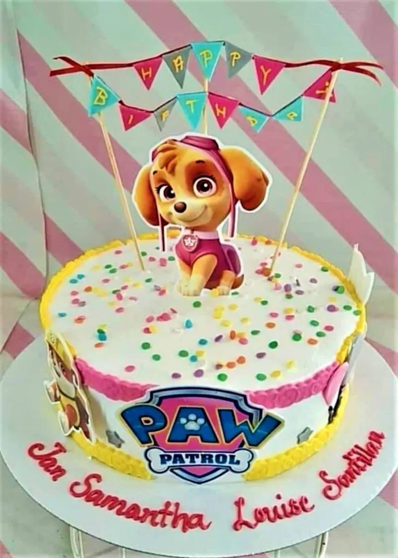 A white 1 Tier Paw Patrol Skye cake featuring a Skye character, 'Happy Birthday' banner, sprinkles, and borders. A white 1 Tier Paw Patrol Skye cake featuring a Skye character, 'Happy Birthday' banner, sprinkles, and borders.