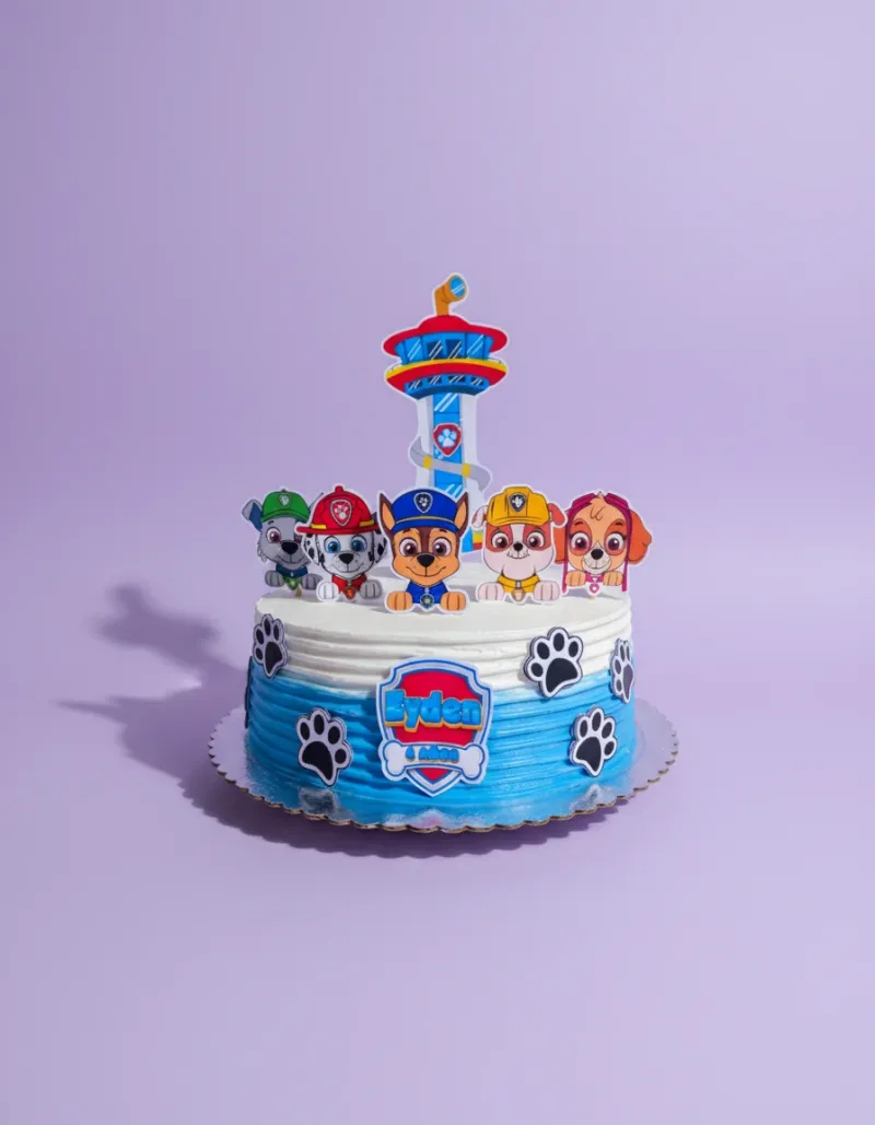 A blue and white 1-tier cake themed Paw Patrol, featuring Lookout Tower, character, and shield printouts with paw print cutouts. A blue and white 1-tier cake themed Paw Patrol, featuring Lookout Tower, character, and shield printouts with paw print cutouts.