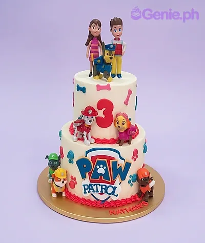 White 2-tier fondant cake with Paw Patrol character figurines and Paw Patrol logo printout White 2-tier fondant cake with Paw Patrol character figurines and Paw Patrol logo printout