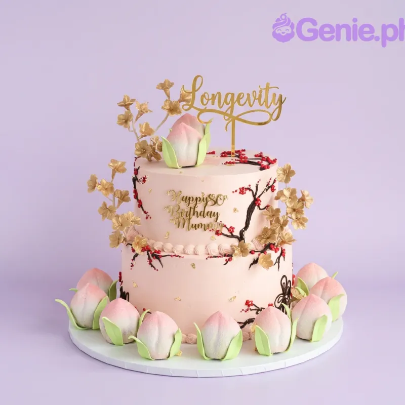 Pink 2-tier birthday cake with fondant peaches, gold flower sprays, and a gold Chinese character topper Pink 2-tier birthday cake with fondant peaches, gold flower sprays, and a gold Chinese character topper