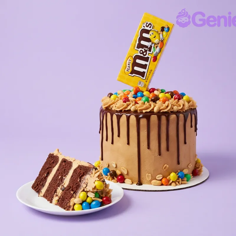 One tier cake with a peanut M&Ms bag topper, M&M candies, peanuts, and icing rosettes One tier cake with a peanut M&Ms bag topper, M&M candies, peanuts, and icing rosettes