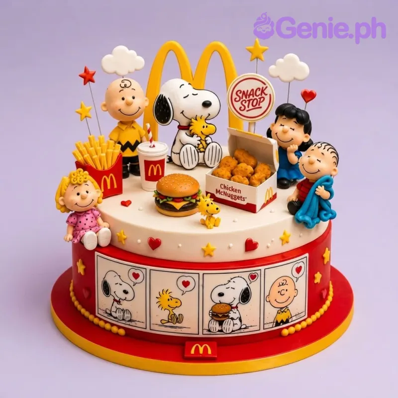 Red and white fondant 1-tier cake featuring Peanuts characters and McDonald's fast food figurines Red and white fondant 1-tier cake featuring Peanuts characters and McDonald's fast food figurines