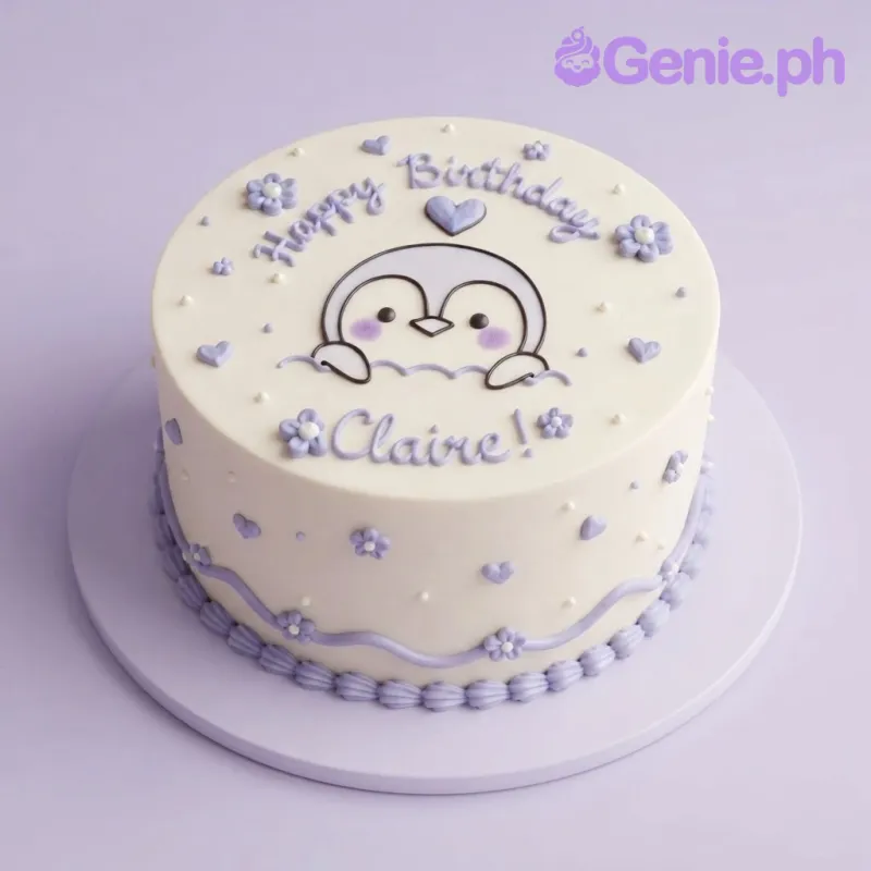 Ivory 1-tier soft icing birthday cake with a cute penguin character art, lavender piped script, flowers, and hearts Ivory 1-tier soft icing birthday cake with a cute penguin character art, lavender piped script, flowers, and hearts