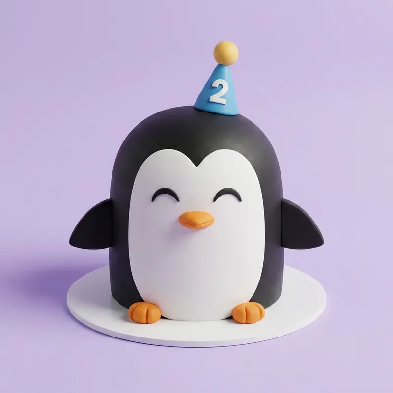 A black, white, orange, and blue 1 Tier Fondant cake themed around a penguin, featuring a party hat and edible fondant details. A black, white, orange, and blue 1 Tier Fondant cake themed around a penguin, featuring a party hat and edible fondant details.