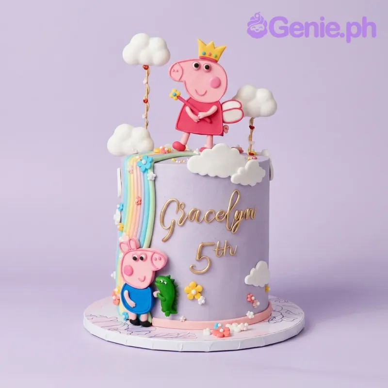 A lavender 1 Tier Fondant cake themed around Peppa Pig, featuring Peppa Pig and George figures, with a fondant rainbow and clouds. A lavender 1 Tier Fondant cake themed around Peppa Pig, featuring Peppa Pig and George figures, with a fondant rainbow and clouds.
