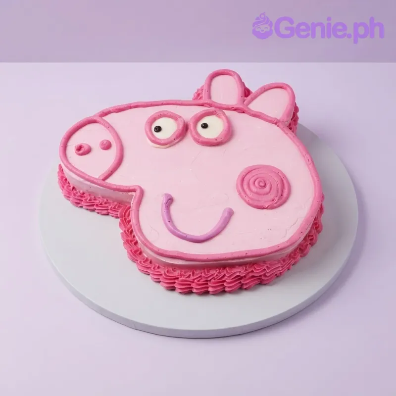 Pink 1-tier soft icing cake shaped like a Peppa Pig face with piped pink outlines and features Pink 1-tier soft icing cake shaped like a Peppa Pig face with piped pink outlines and features