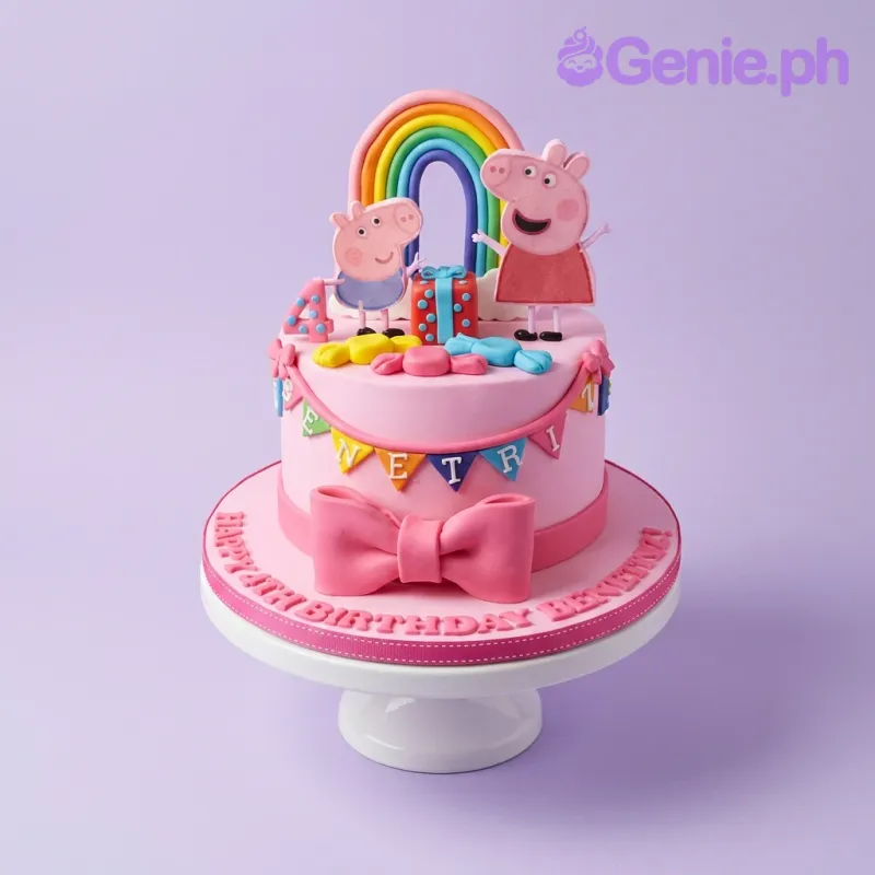 Pink Peppa Pig themed birthday cake with a rainbow topper, fondant bow, and matching character cupcakes. Pink Peppa Pig themed birthday cake with a rainbow topper, fondant bow, and matching character cupcakes.