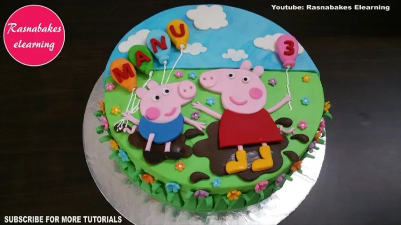 Blue and green 1-tier birthday cake with Peppa Pig and George Pig fondant toppers, white clouds, and colorful flower accents Blue and green 1-tier birthday cake with Peppa Pig and George Pig fondant toppers, white clouds, and colorful flower accents