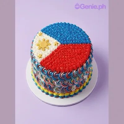 Round cake with piped icing in the design of the Philippine flag featuring blue, red, white, and yellow colors. Round cake with piped icing in the design of the Philippine flag featuring blue, red, white, and yellow colors.