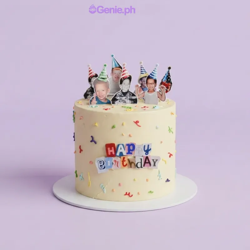 Light yellow 1-tier cake with soft icing, colorful sprinkles, and photo cutouts of children wearing party hats Light yellow 1-tier cake with soft icing, colorful sprinkles, and photo cutouts of children wearing party hats