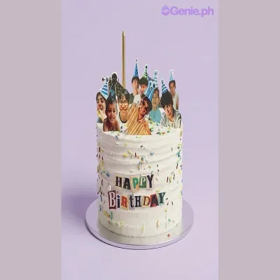 White 1-tier Memory Cake with soft icing, rainbow sprinkles, and multiple printed photo cutouts of people wearing party hats White 1-tier Memory Cake with soft icing, rainbow sprinkles, and multiple printed photo cutouts of people wearing party hats