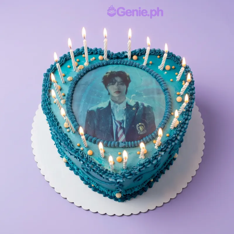 Light blue heart-shaped cake with a circular photo print in the center and many lit candles around the edge Light blue heart-shaped cake with a circular photo print in the center and many lit candles around the edge