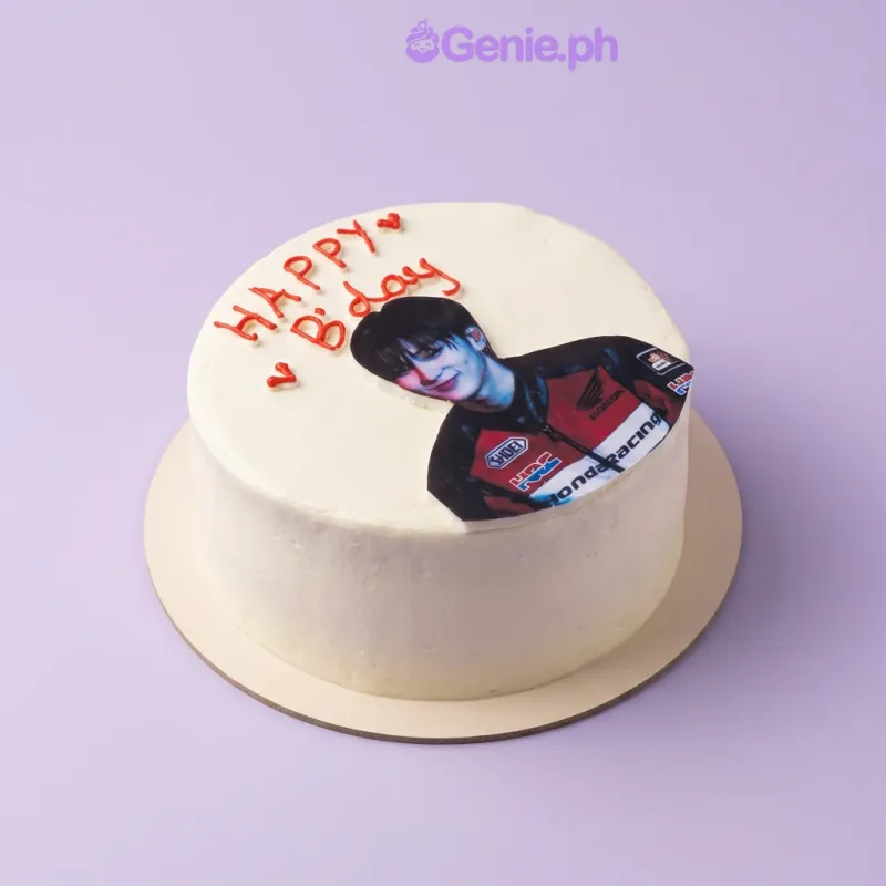 White 1-tier birthday cake with a photo print topper and red piped Happy Birthday message White 1-tier birthday cake with a photo print topper and red piped Happy Birthday message