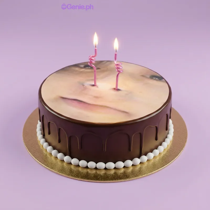 Round cake with a full top edible photo print of a face and two pink spiral candles Round cake with a full top edible photo print of a face and two pink spiral candles