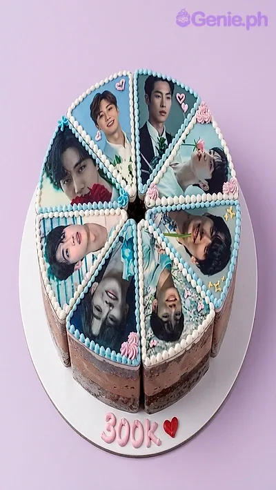 White round cake cut into eight slices, each topped with an edible photo print, light blue piped borders, and pink icing flowers. White round cake cut into eight slices, each topped with an edible photo print, light blue piped borders, and pink icing flowers.