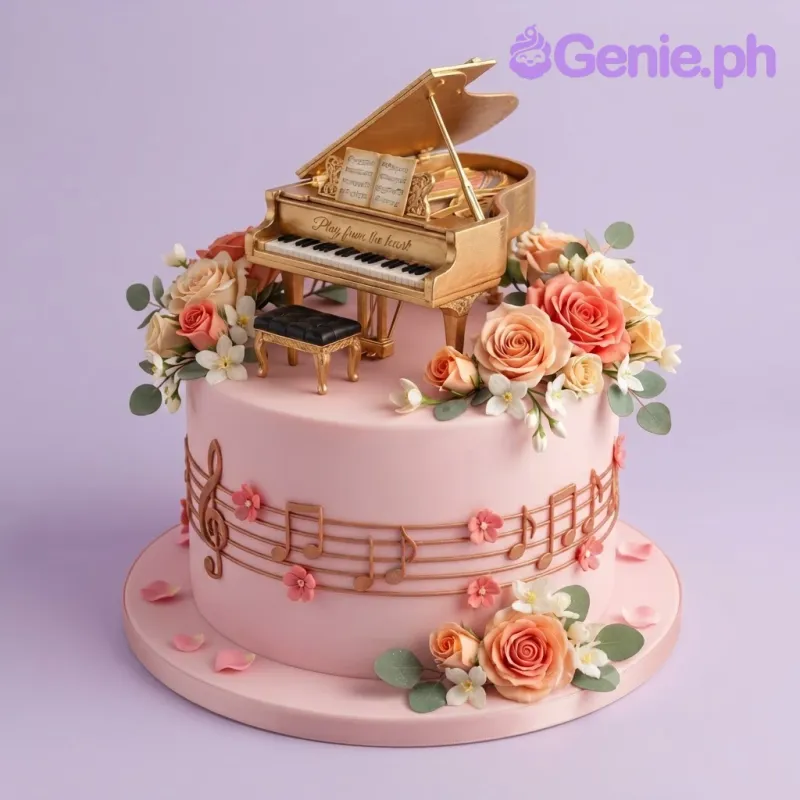 Soft pink 1-tier fondant cake with a gold grand piano topper, rose clusters, and musical staff Soft pink 1-tier fondant cake with a gold grand piano topper, rose clusters, and musical staff