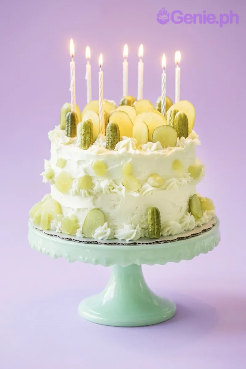 A white two-tier cake themed around pickles, featuring green pickle slices, whole pickles, and seven lit white candles. A white two-tier cake themed around pickles, featuring green pickle slices, whole pickles, and seven lit white candles.